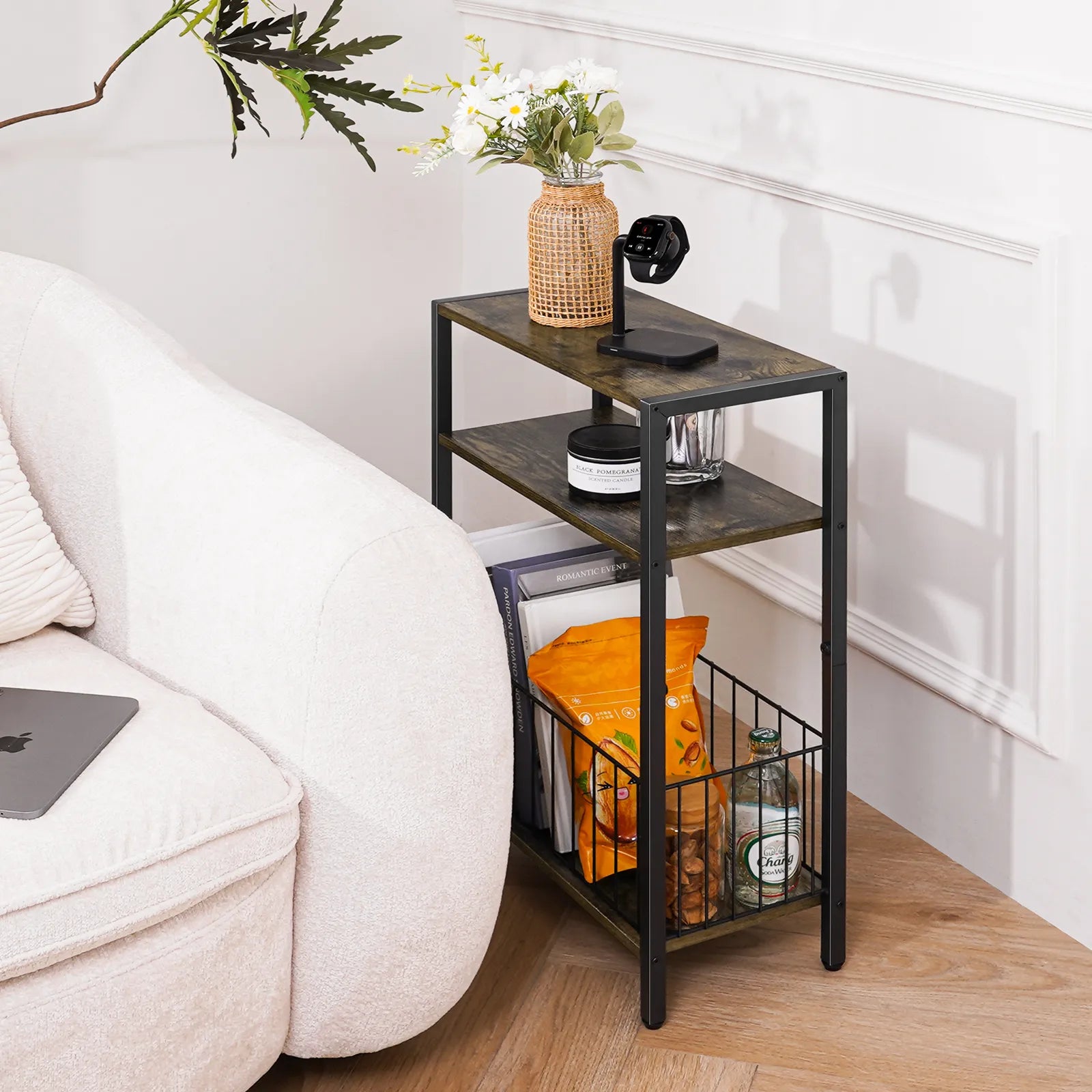 Yoob Narrow Side Table with Storage Basket, Small End Table for Small Spaces, Skinny End Tables Living Room Bedroom Office, 3 Tier Slim Nightstand