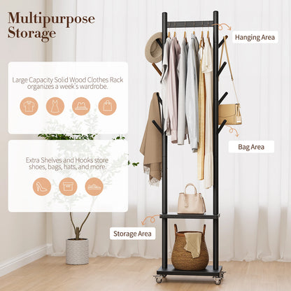 Solid Wood Coat Rack Freestanding, Rolling Clothes Rack with Wheels, Clothing Rack with 8 Hooks &amp; Shelevs, Clothing Racks for Hanging Clothes