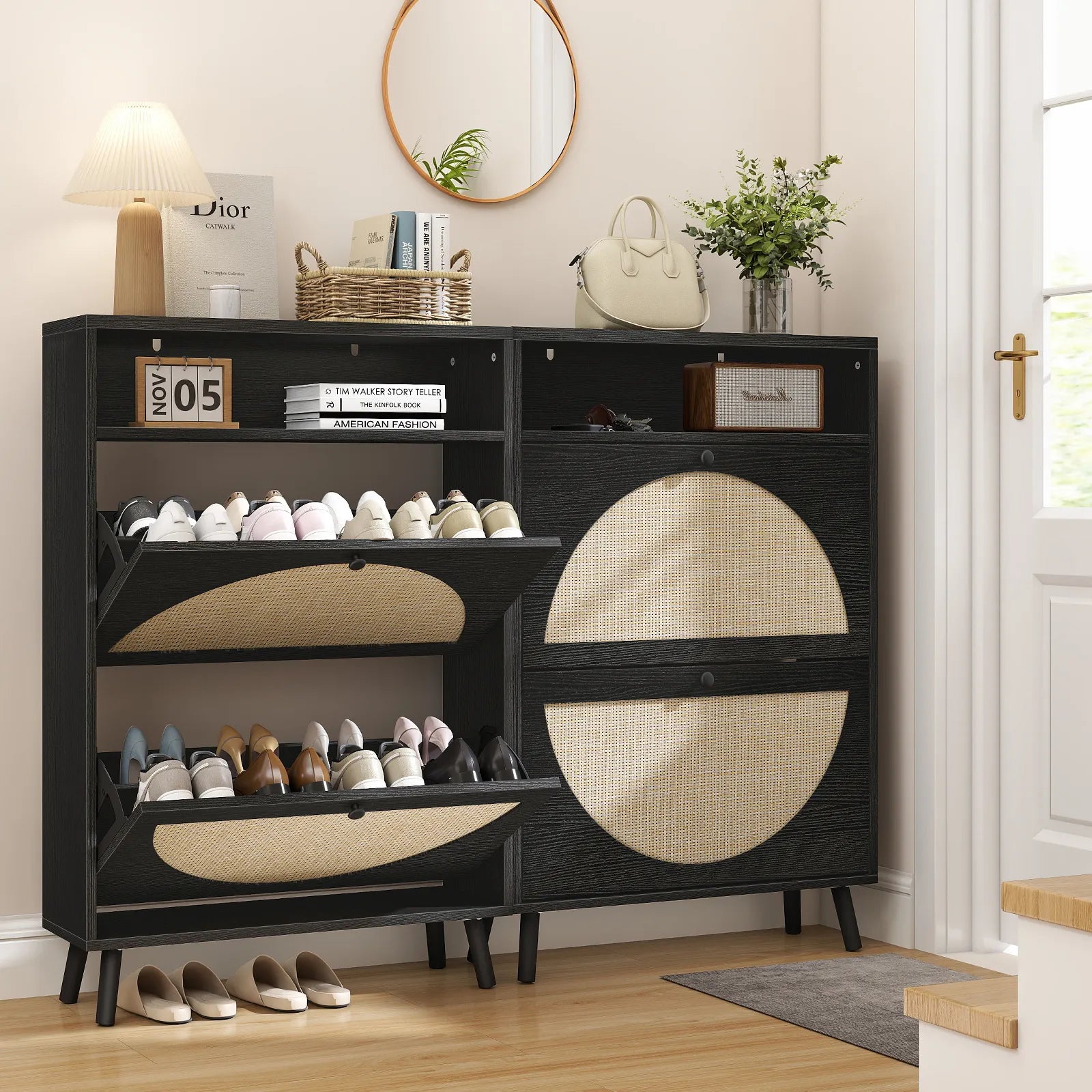 Rattan Shoe Cabinet with 2 Flip Drawers, Narrow Shoe Storage Cabinet with Adjustable Shelves, Wood Shoe Cabinet Storage for Entryway, Hallway