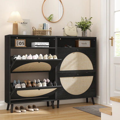 Rattan Shoe Cabinet with 2 Flip Drawers, Narrow Shoe Storage Cabinet with Adjustable Shelves, Wood Shoe Cabinet Storage for Entryway, Hallway