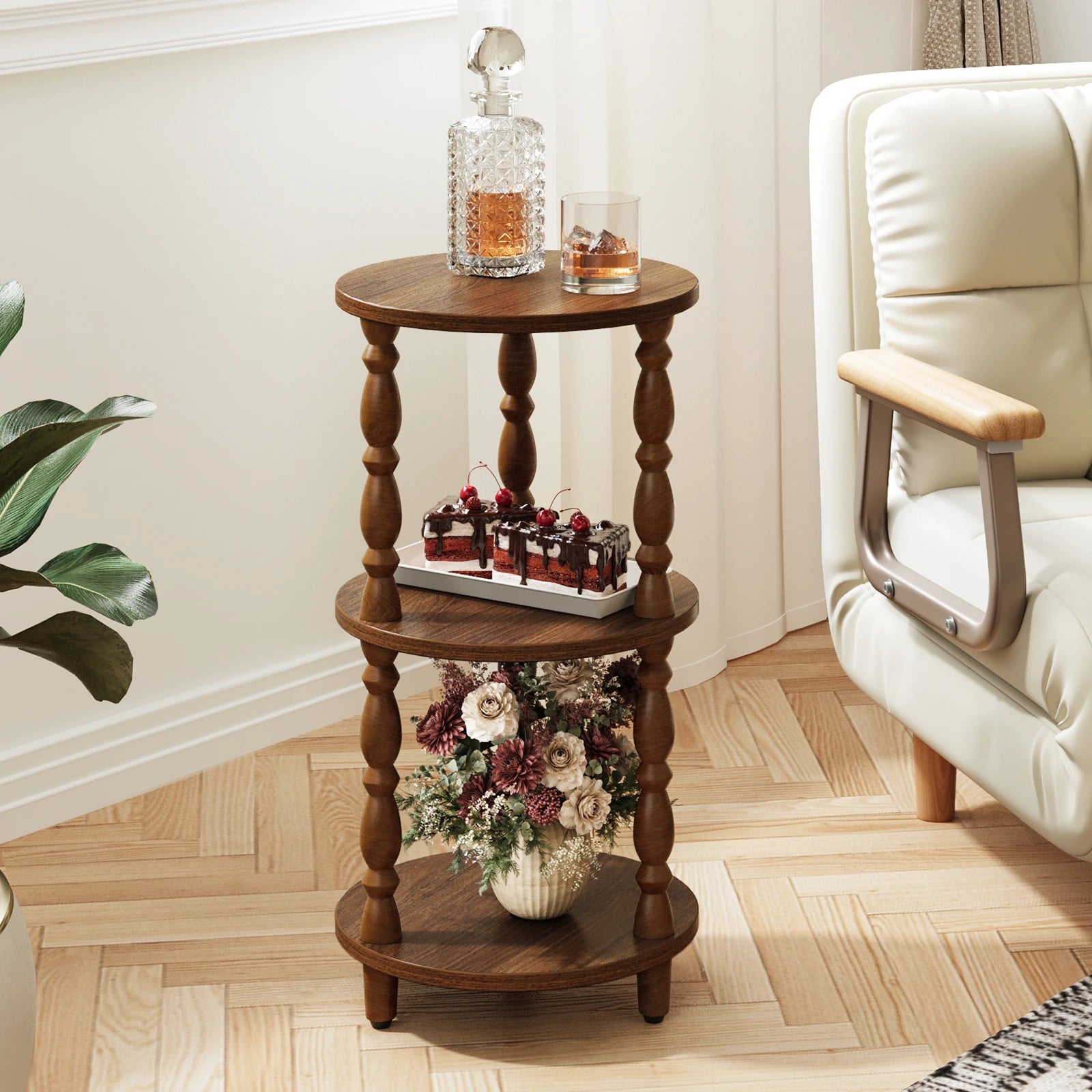Maliowa 3-Tier Side Table, Small Round End Table for Living Room Bedroom, Accent Table Narrow Nightstand with Storage Shelf