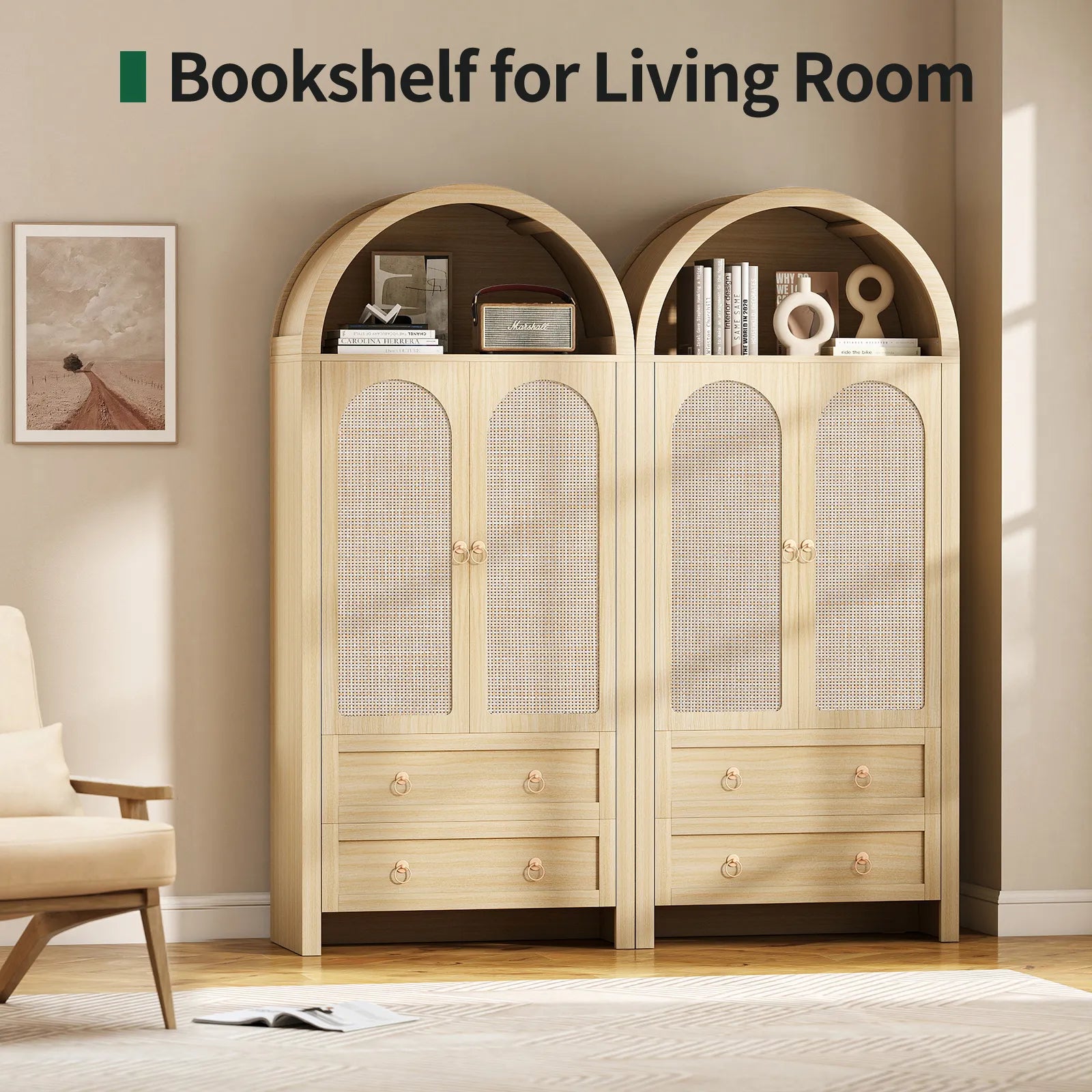 71" Tall Arched Kitchen Pantry Storage Cabinet, Food Pantry Cabinet Bookshelf with 2 Drawers, Wood Storage Cabinets with Door for Dining Room, Living Room