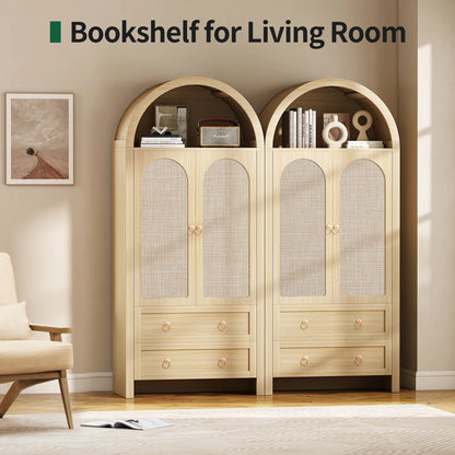 71" Tall Arched Kitchen Pantry Storage Cabinet, Food Pantry Cabinet Bookshelf with 2 Drawers, Wood Storage Cabinets with Door for Dining Room, Living Room