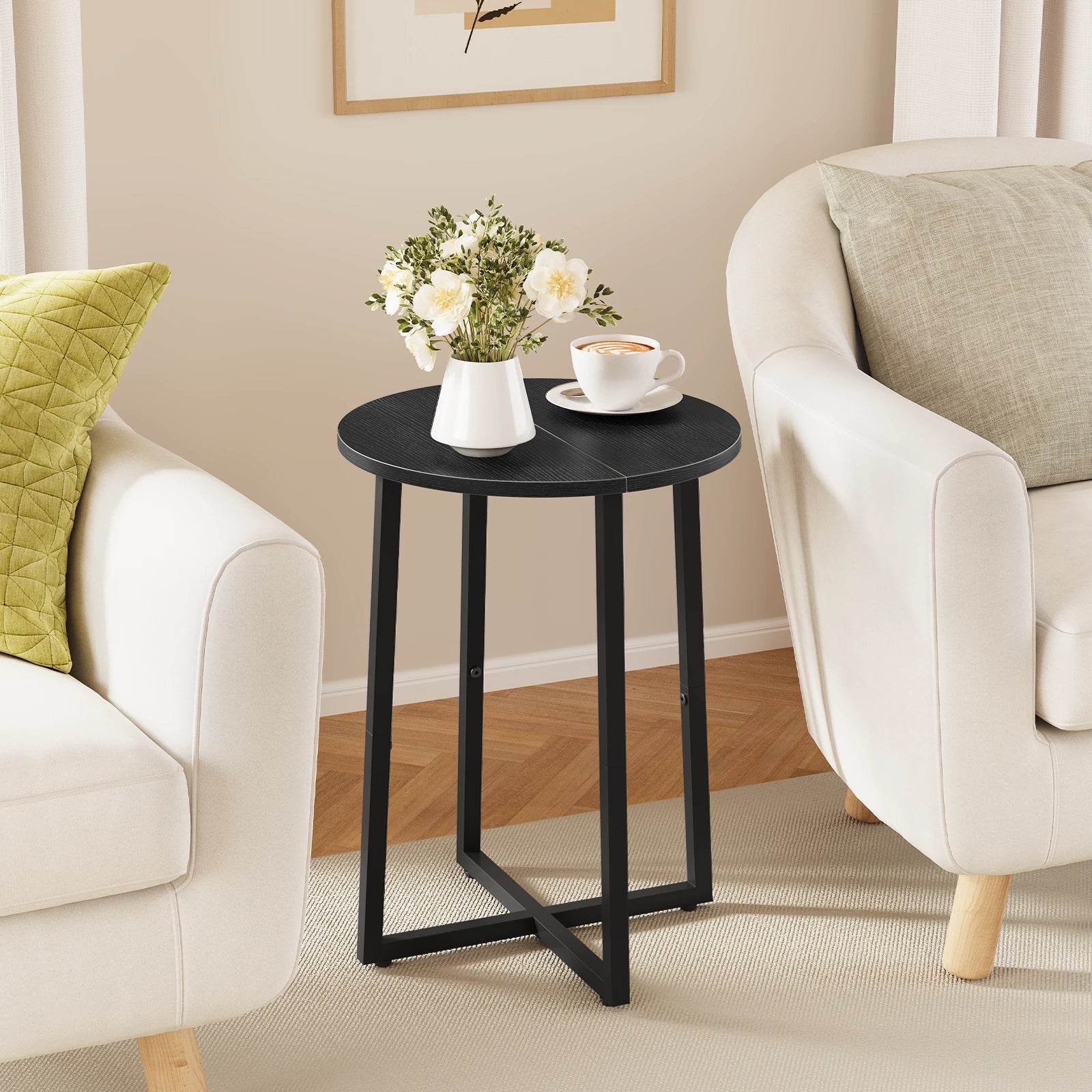 Small End Table for Living Room Bedroom, Round Side Table with Metal Legs, Accent Table for Small Spaces
