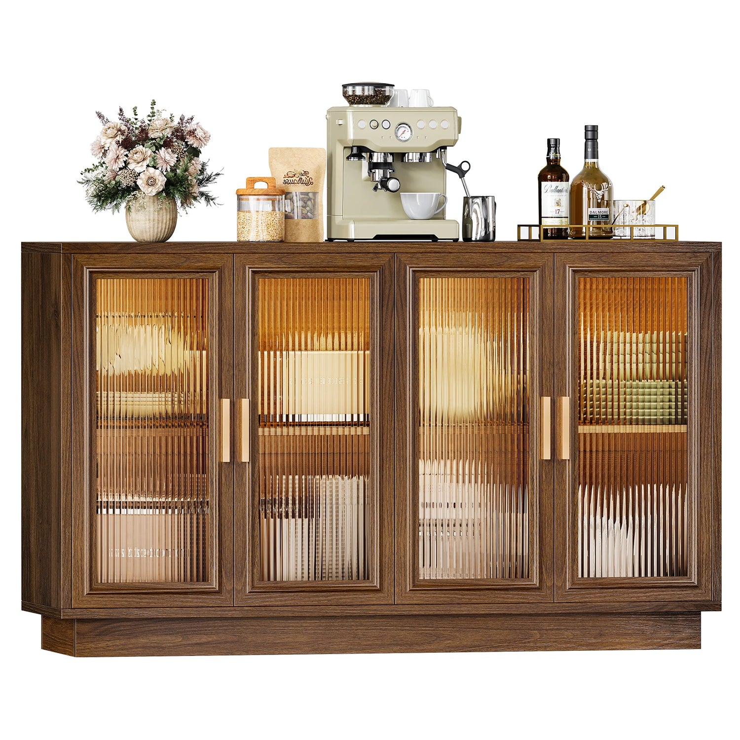 CURLA 55.1" Sideboard Buffet Cabinet with Storage,  Wood Kitchen Cabinet with 4 Fluted Doors, Large Buffet Table, Credenza Coffee Bar for Dining Living Room