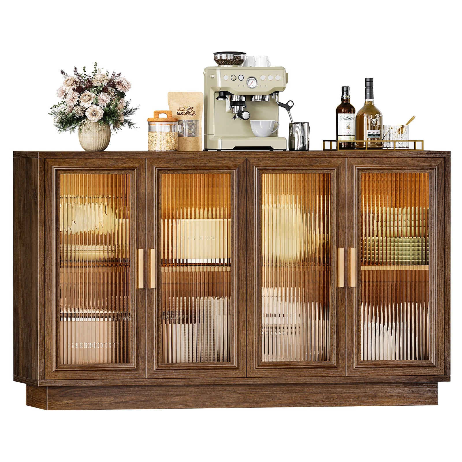 CURLA 55.1" Sideboard Buffet Cabinet with Storage,  Wood Kitchen Cabinet with 4 Fluted Doors, Large Buffet Table, Credenza Coffee Bar for Dining Living Room