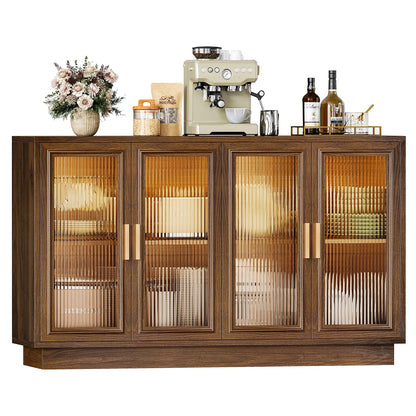 CURLA 55.1" Sideboard Buffet Cabinet with Storage,  Wood Kitchen Cabinet with 4 Fluted Doors, Large Buffet Table, Credenza Coffee Bar for Dining Living Room