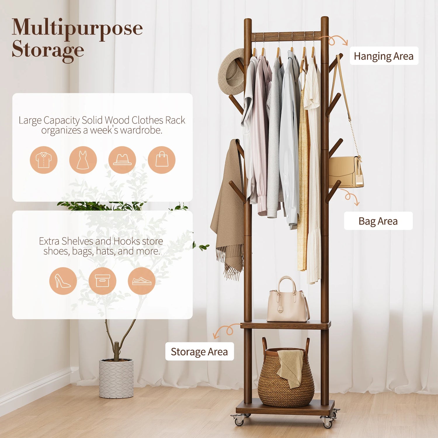 Solid Wood Coat Rack Freestanding, Rolling Clothes Rack with Wheels, Clothing Rack with 8 Hooks &amp; Shelevs, Clothing Racks for Hanging Clothes