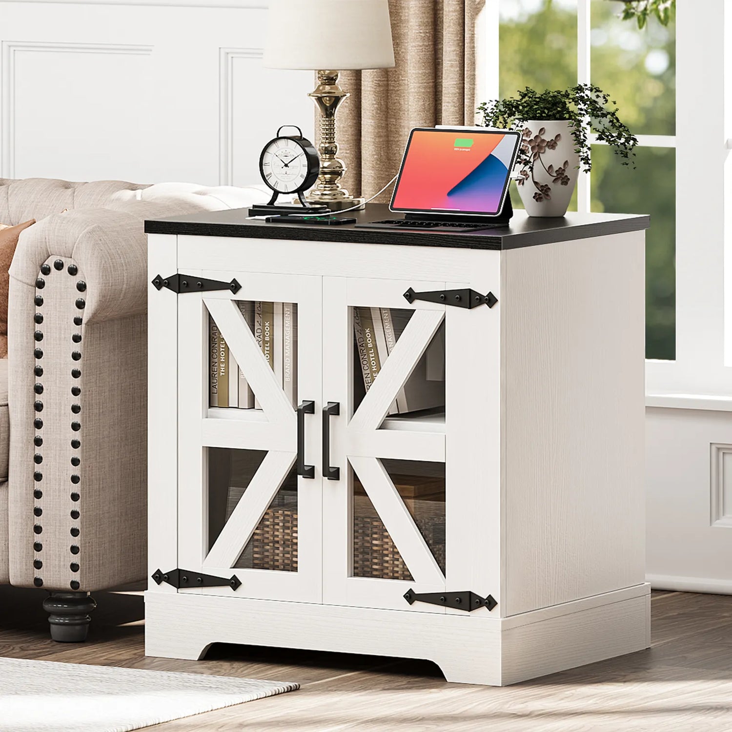 Curlaky Farmhouse Nightstand with Charging Station, Night Stand Side Table with Storage Cabinet, End Table with Adjustable Shelf, Side Tables Bedroom