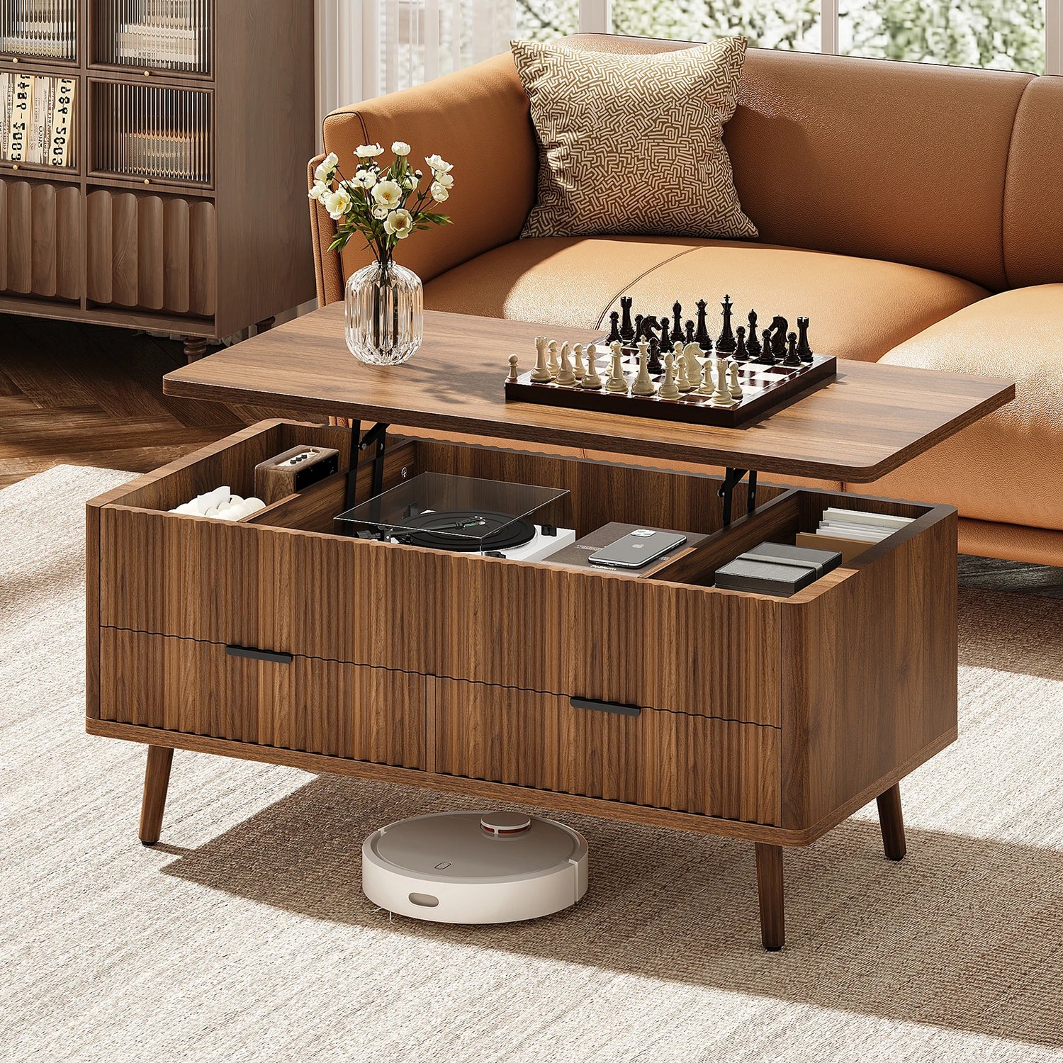 Lift Top Coffee Table with Storage, Wood Coffee Tables for Living Room with Drawers &amp; Hidden Compartment, Mid Century Modern Center Table，Walnut