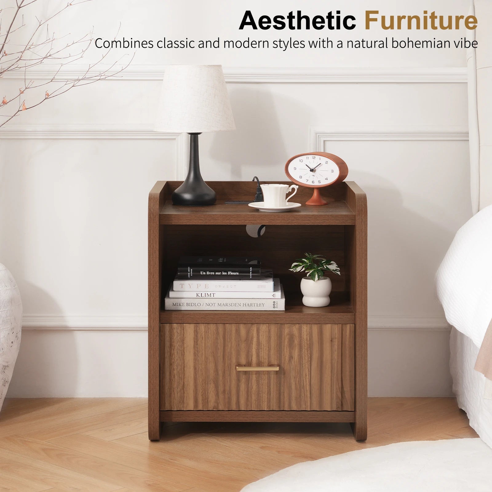 Fluted Nightstand with Charging Station,Wood Bedside Table Night Stand with Drawer and Open Shelf,Modern End Side Table for Bedroom Living Room