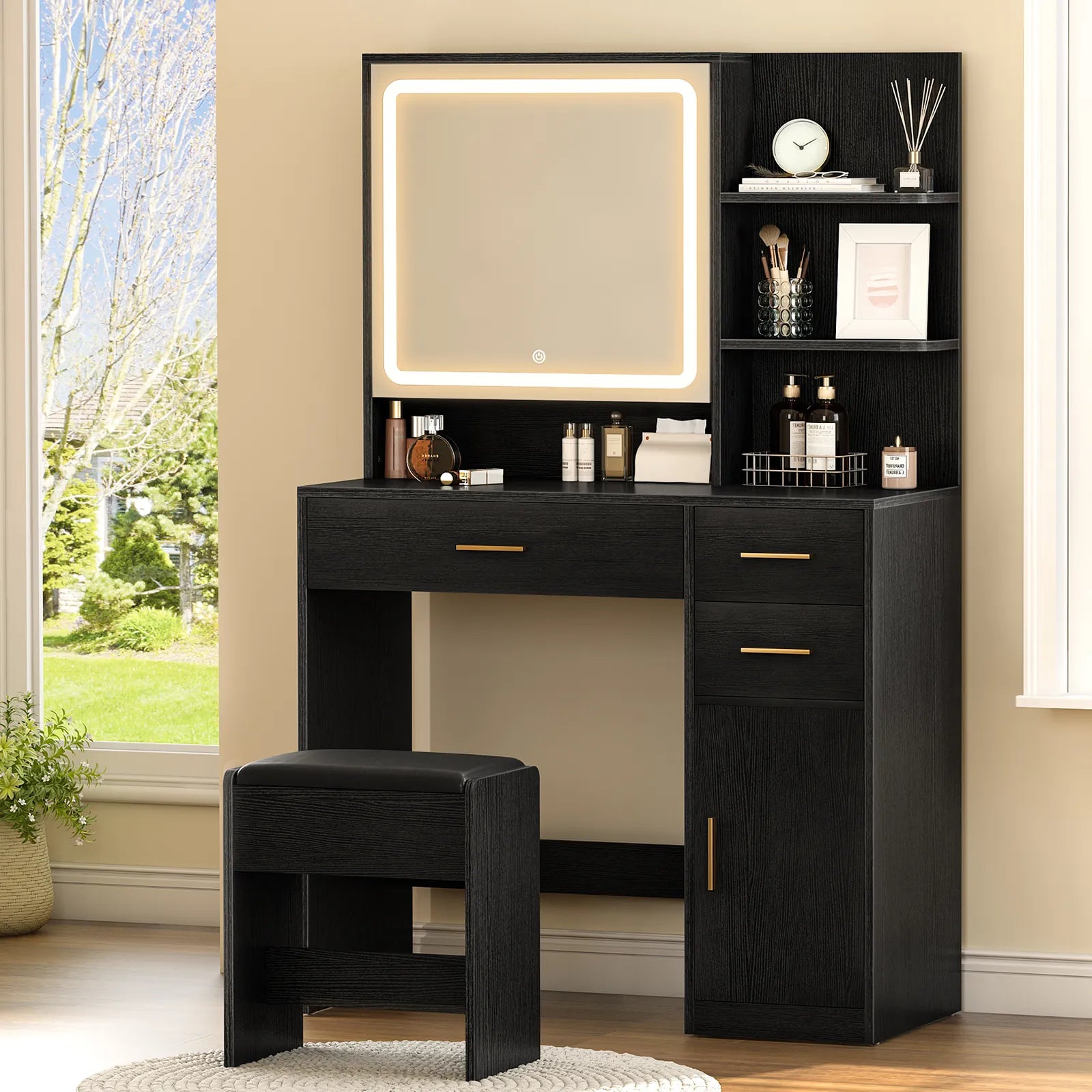 Vanity Desk with Mirror and Lights, Makeup Vanity Desk with Drawers &amp; Cabinet, Vanities with Upholstered Chair, Black Makeup Table with Storage Shelves, Girls Dressing Table for Bedroom