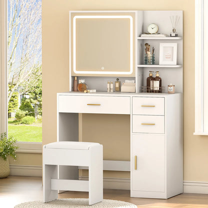 Vanity Desk with Mirror and Lights, Makeup Vanity Desk with Drawers &amp; Cabinet, Vanities with Upholstered Chair, White Makeup Table with Storage Shelves, Girls Dressing Table for Bedroom
