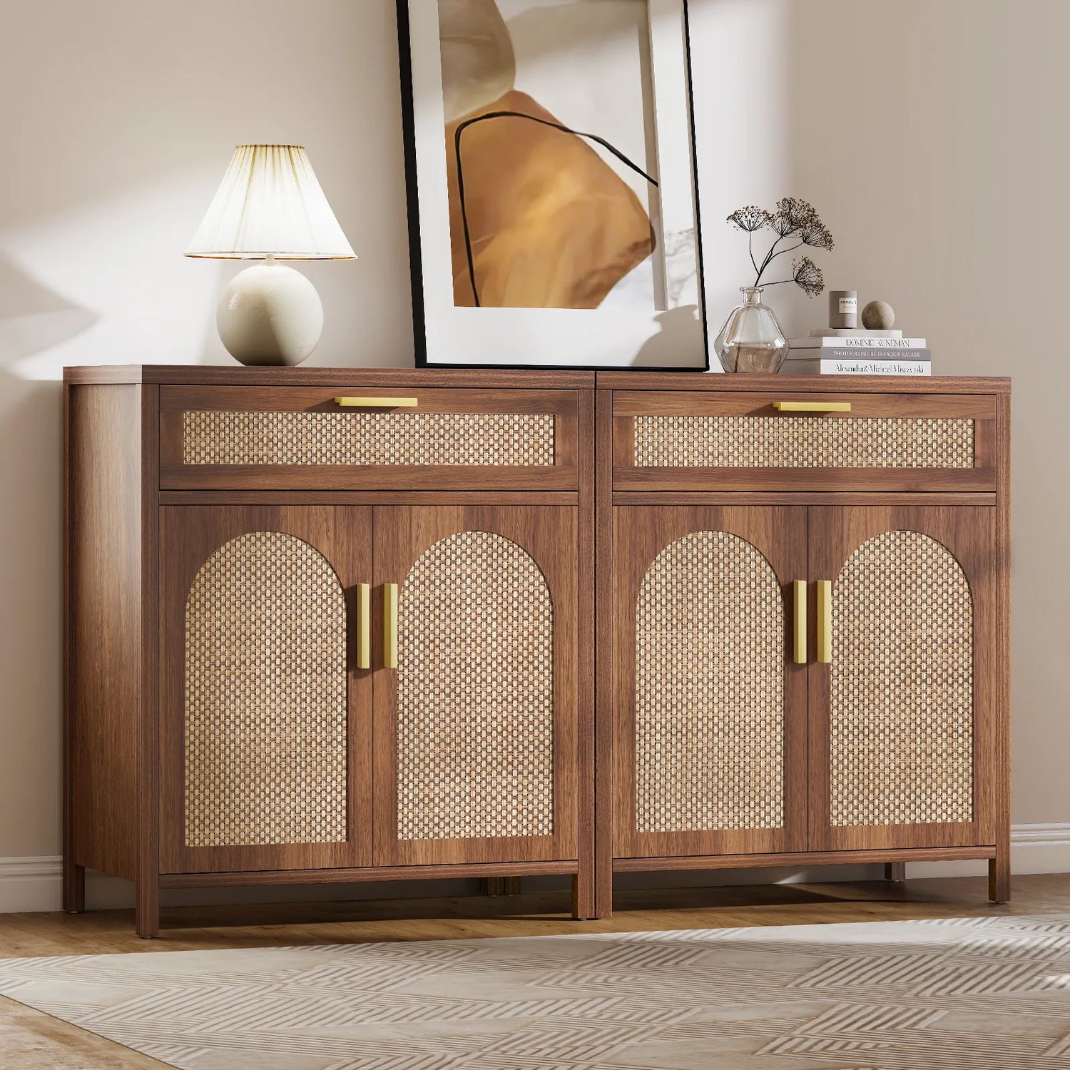 Rattan Buffet Cabinet with Storage, Sideboard Cabinet with Doors and Shelves, Accent Storage Cabinet with Drawers, Wood Coffee Bar for Kitchen