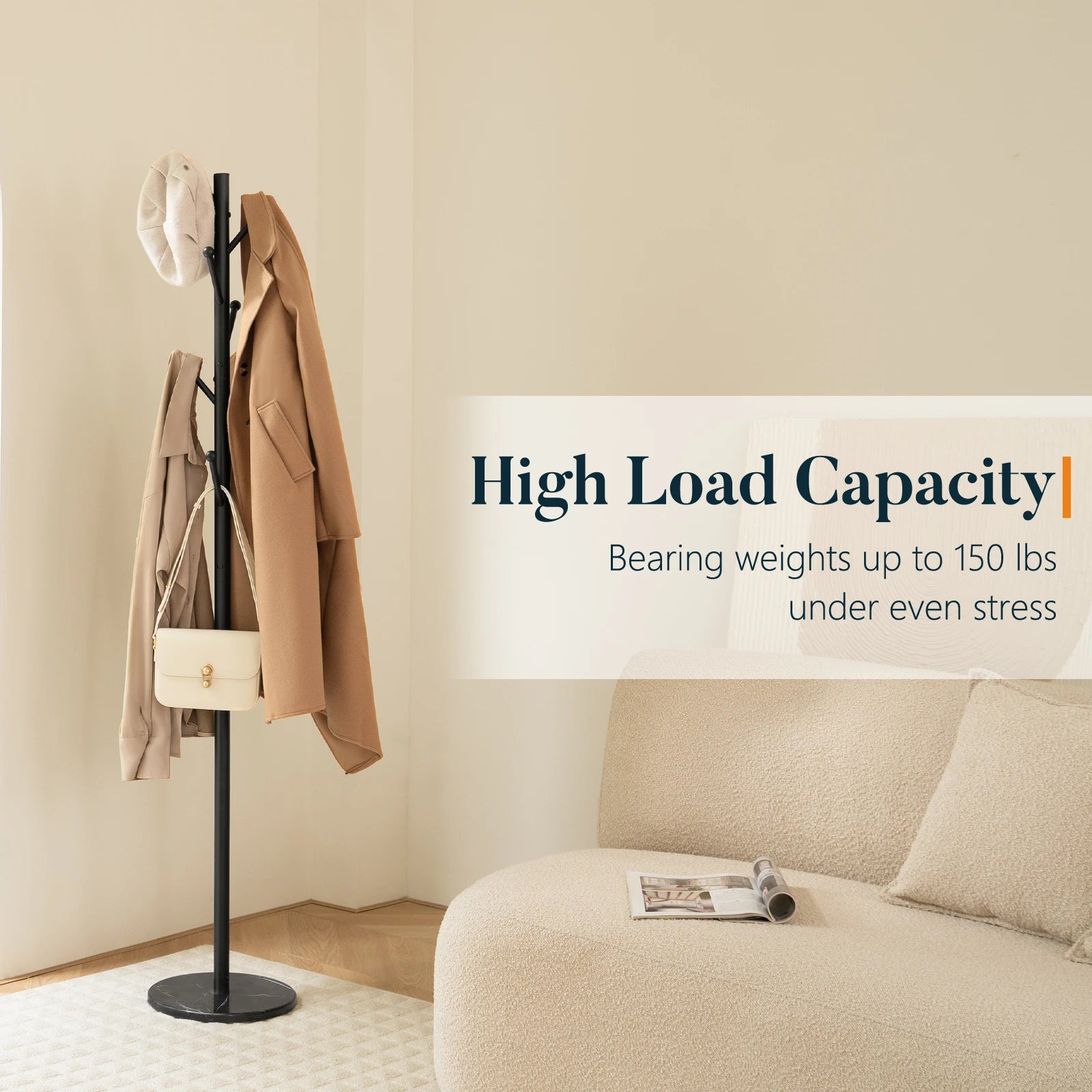 Coat Rack Freestanding with Natural Marble Base, Coat Tree with 8 Hooks, Metal Hall Tree for Jacket, Hat, Bag, Coat Hanger Stand for Entryway