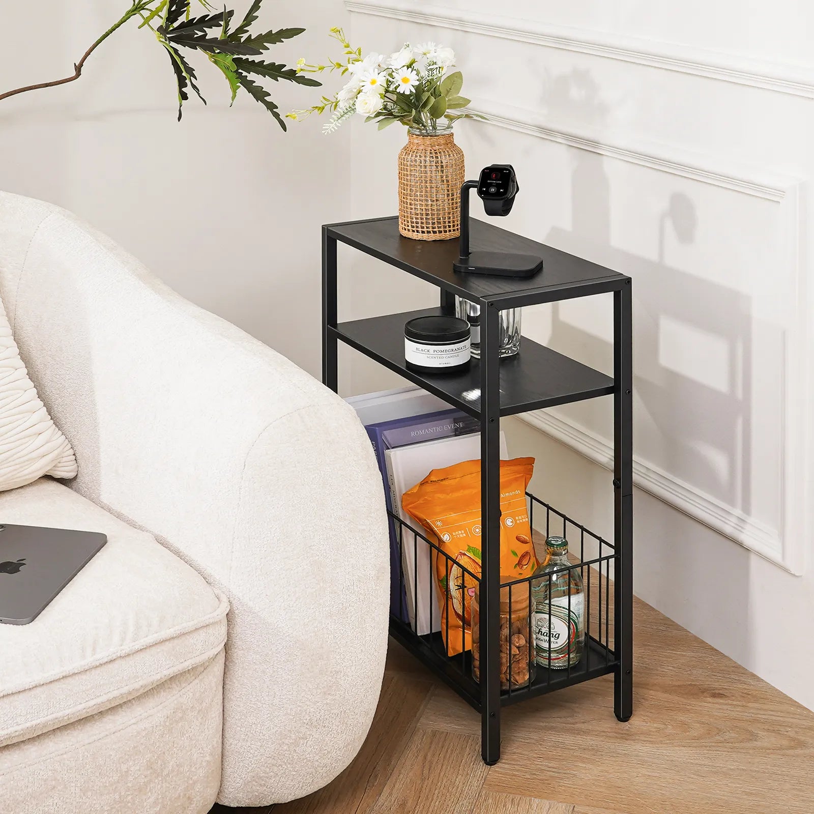 Yoob Narrow Side Table with Storage Basket, Small End Table for Small Spaces, Skinny End Tables Living Room Bedroom Office, 3 Tier Slim Nightstand