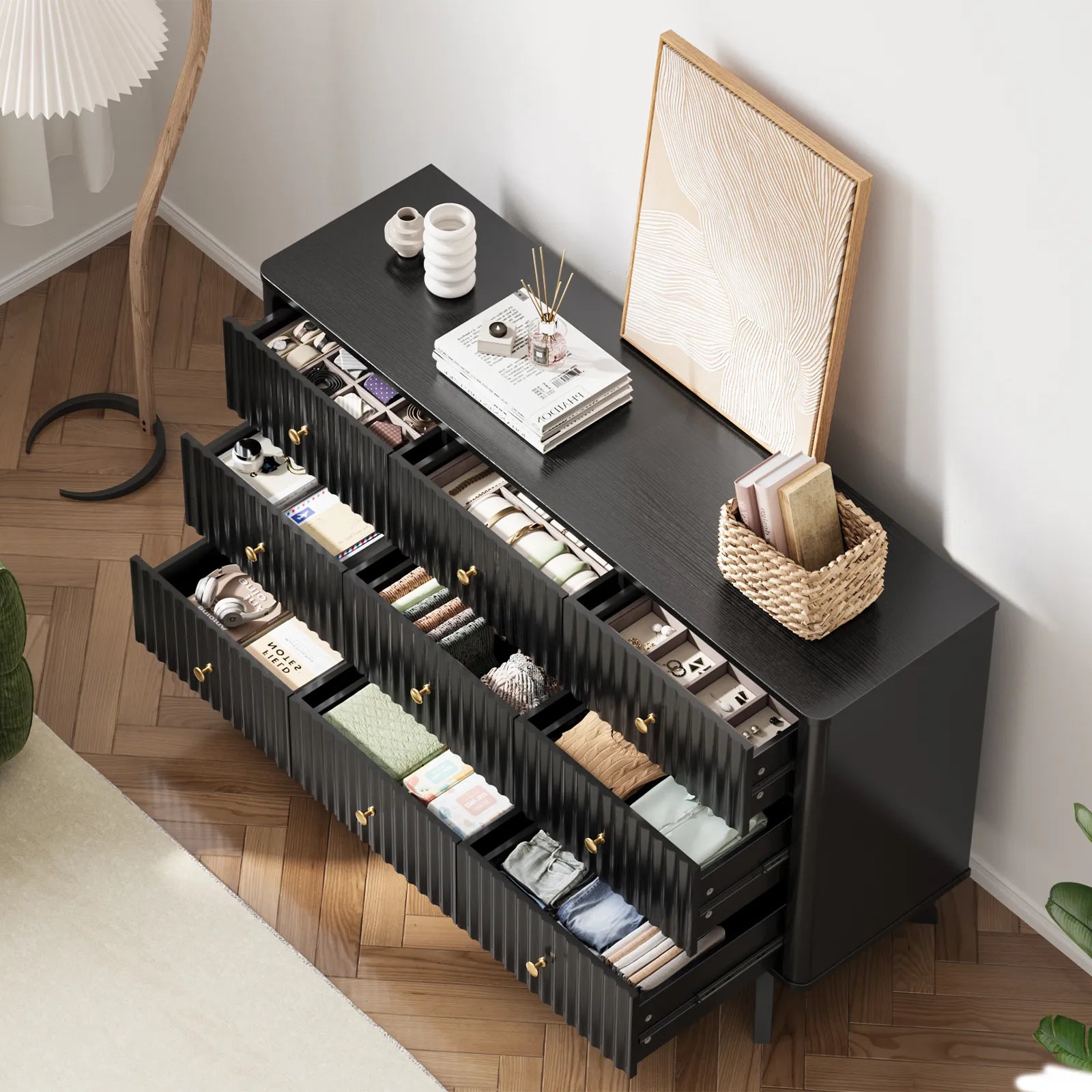 9 Drawer Dresser for Bedroom, Fluted Black Dresser for Storage, 52.8" Wood Dressers &amp; Chests of Drawers for Closet, Living Room, Entryway