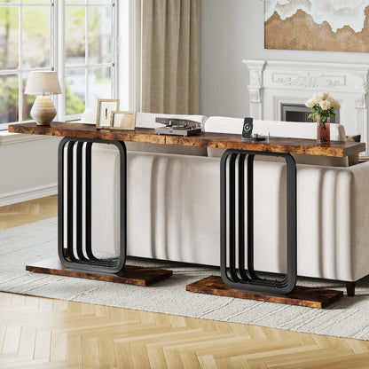 Narrow Console Table with Outlet, Industrial Entryway Table with Unique Base, Small Sofa Table, behind couch table for Entry Way Living Room,Brown