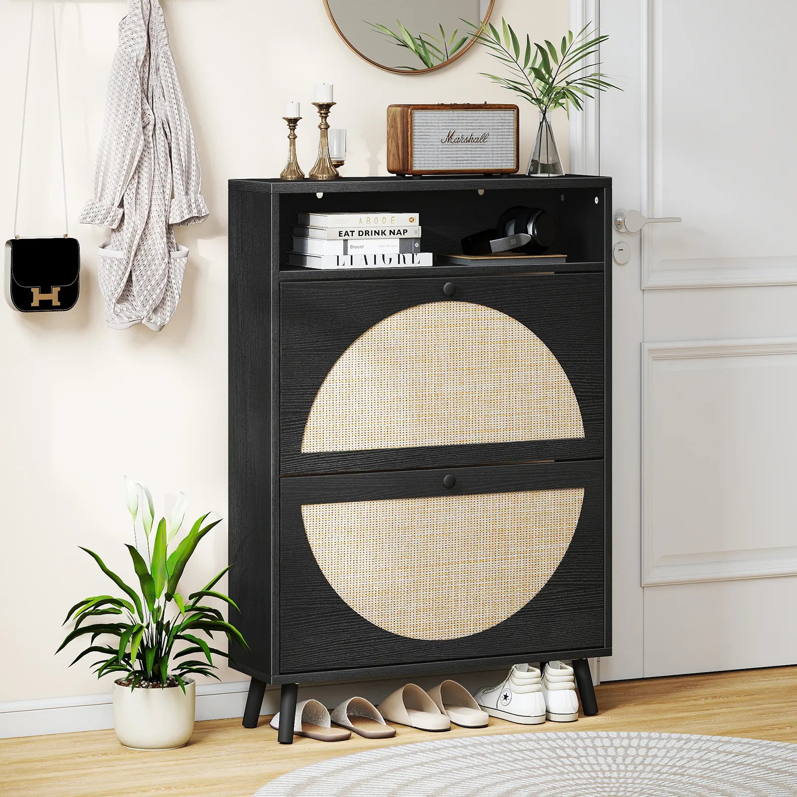 Rattan Shoe Cabinet with 2 Flip Drawers, Narrow Shoe Storage Cabinet with Adjustable Shelves, Wood Shoe Cabinet Storage for Entryway, Hallway
