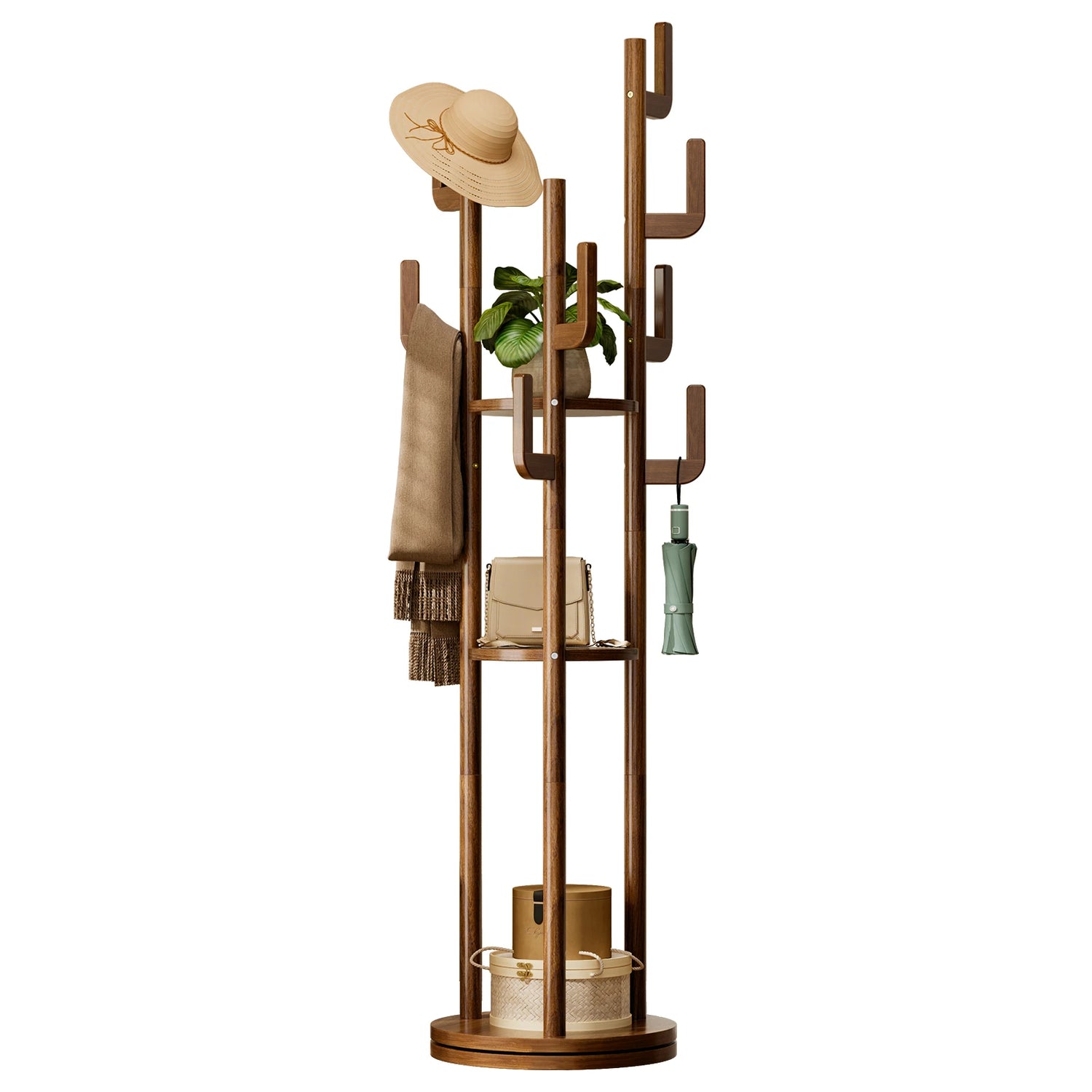Rotary Coat Rack Freestanding, Solid Wood Coat Tree with 9 Hooks &amp; 3 Open Shelves for Corner, Entryway, Hall Tree for Purse, Bag, Jacket, Hat