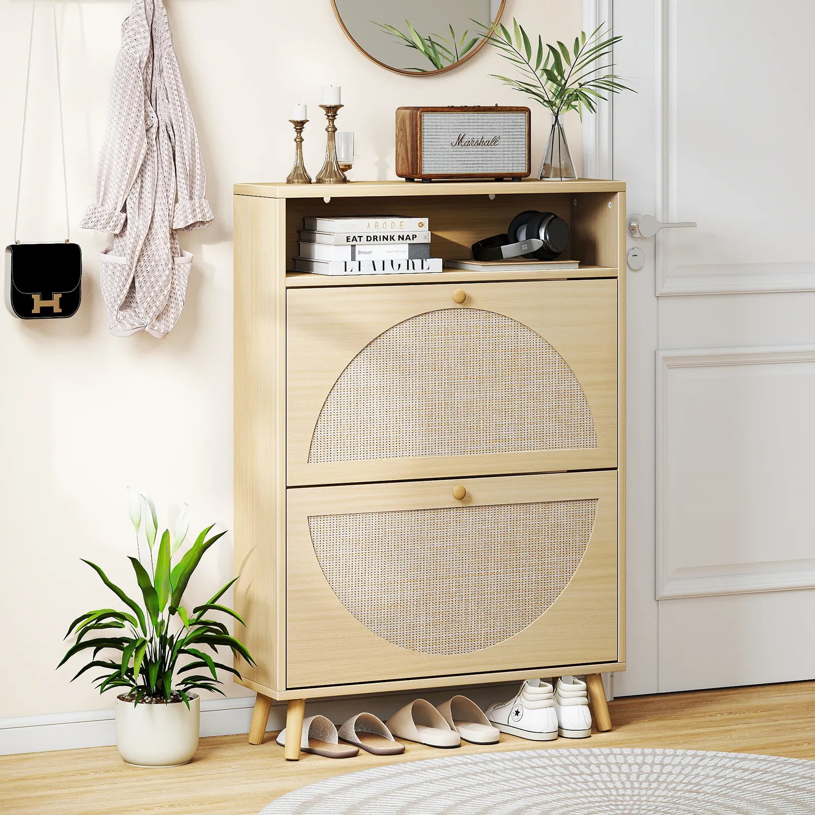 Rattan Shoe Cabinet with 2 Flip Drawers, Narrow Shoe Storage Cabinet with Adjustable Shelves, Wood Shoe Cabinet Storage for Entryway, Hallway