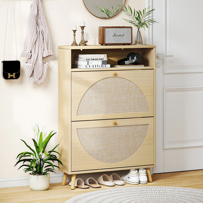 Rattan Shoe Cabinet with 2 Flip Drawers, Narrow Shoe Storage Cabinet with Adjustable Shelves, Wood Shoe Cabinet Storage for Entryway, Hallway