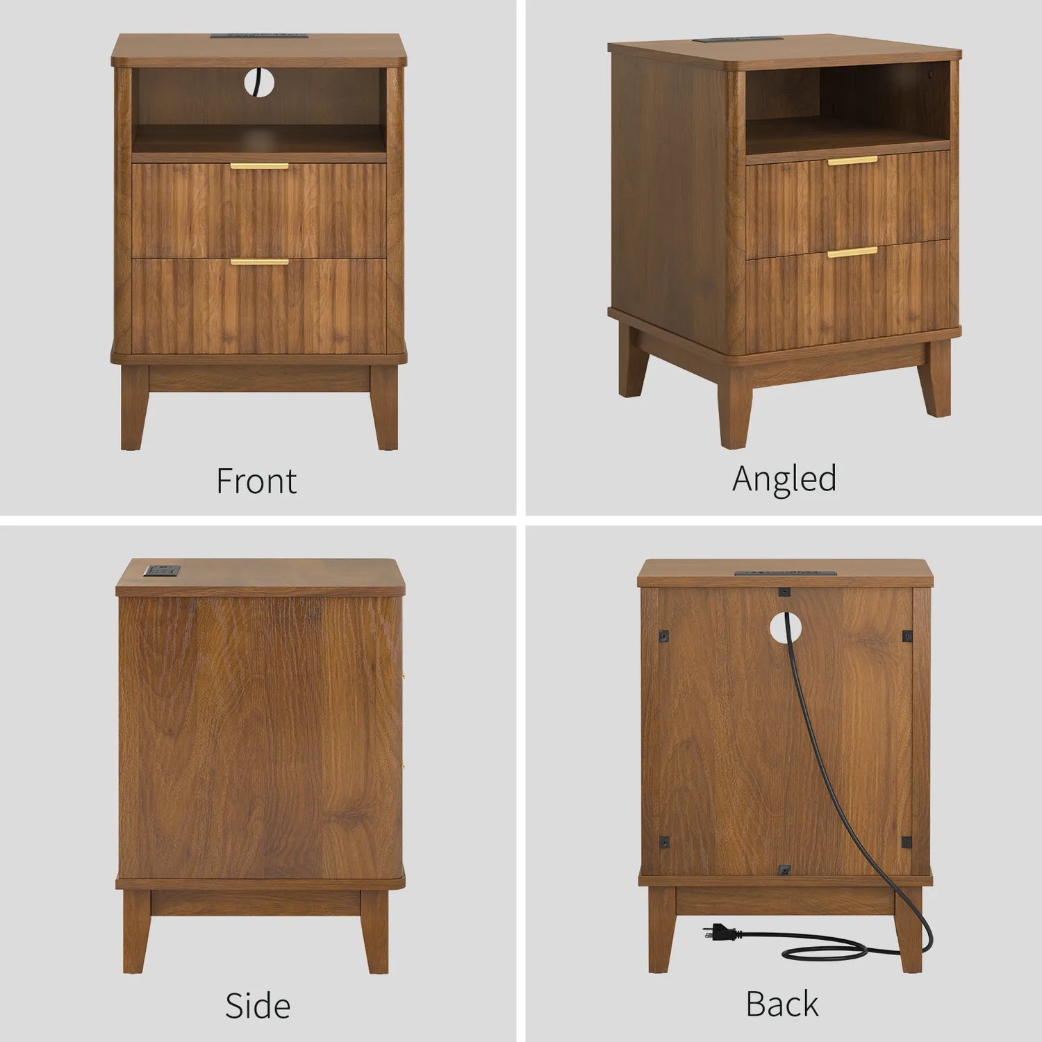 Night Stand with Charger Station, Fluted Nightstand with 2 Drawers and Storage Shelf, Mid Century Modern End Table for Bedroom Living Room