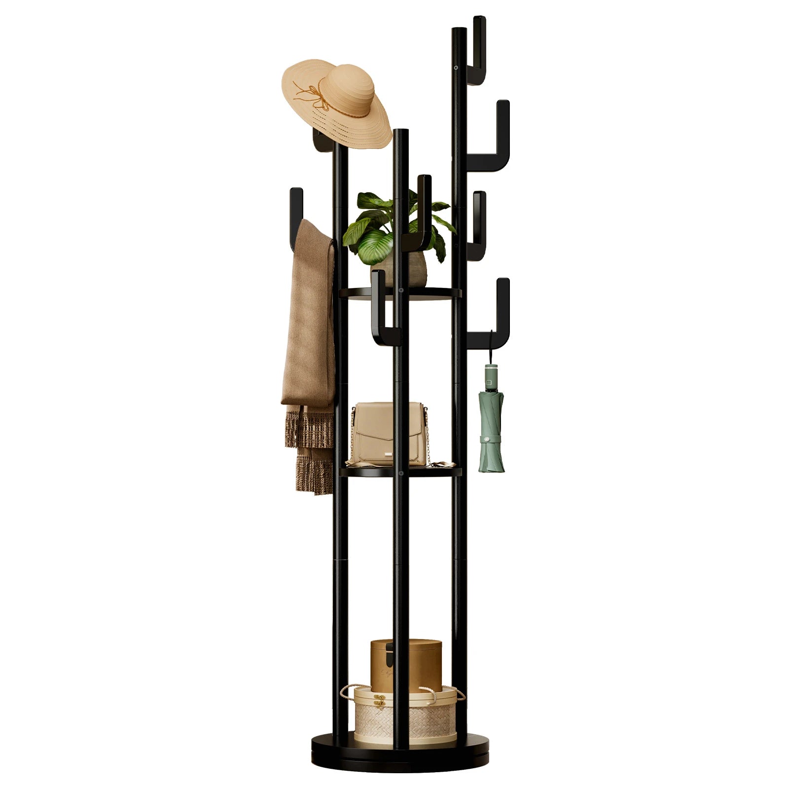 Rotary Coat Rack Freestanding, Solid Wood Coat Tree with 9 Hooks &amp; 3 Open Shelves for Corner, Entryway, Hall Tree for Purse, Bag, Jacket, Hat