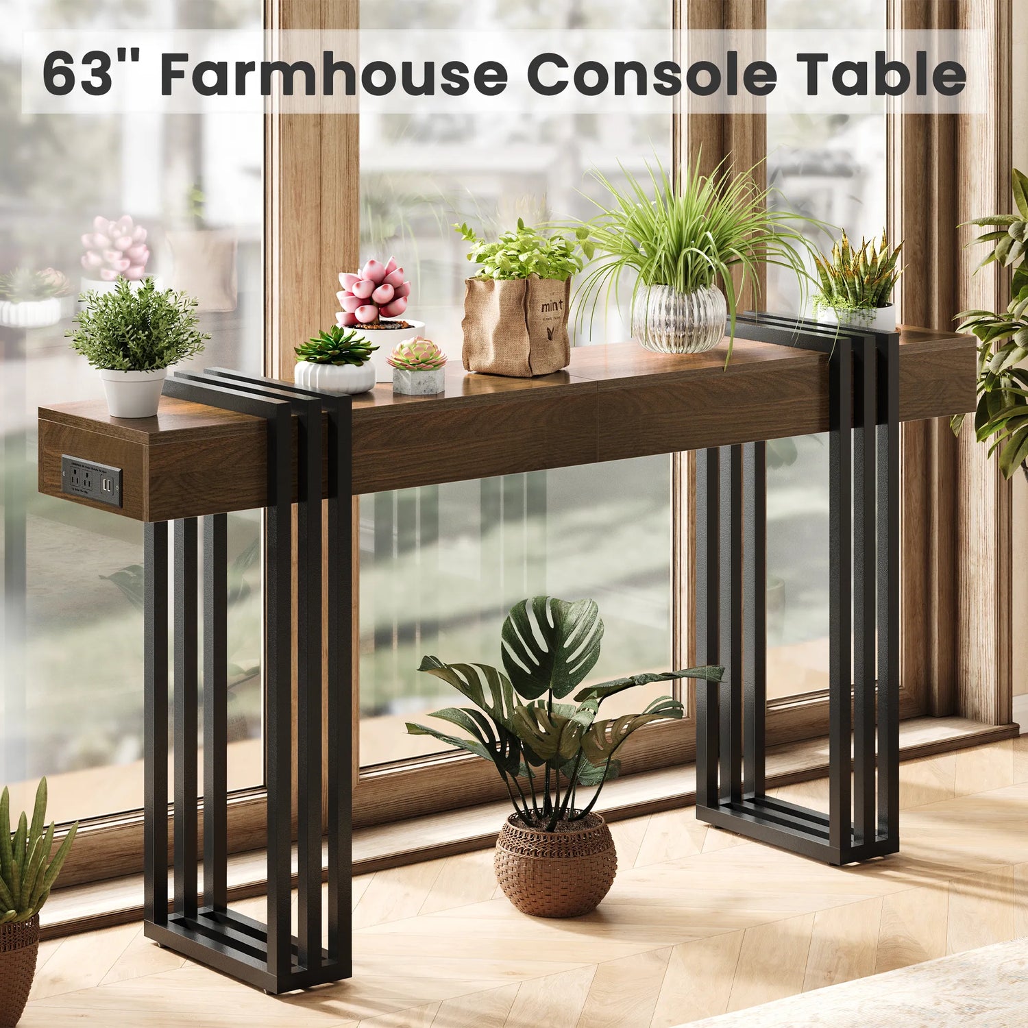 63" Long Console Table, Wood Entryway Table with Black Parallel Metal Frame &amp; Outlet, Behind Couch Table for Hallway Living Room Foyer, Walnut