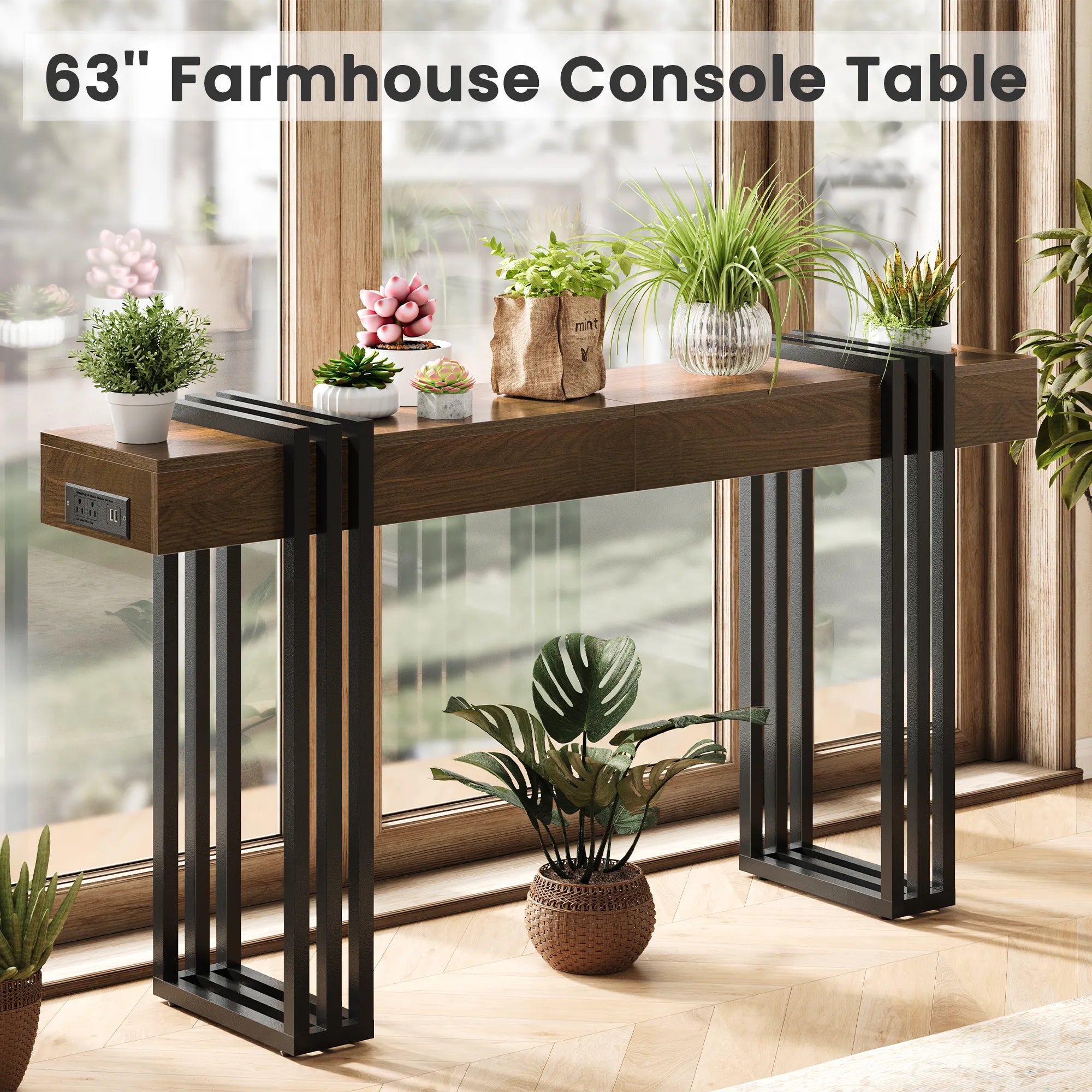 63" Long Console Table, Wood Entryway Table with Black Parallel Metal Frame &amp; Outlet, Behind Couch Table for Hallway Living Room Foyer, Walnut