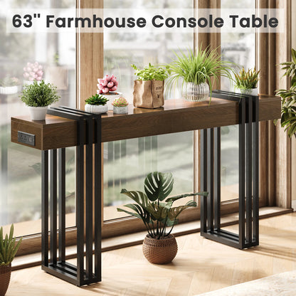63" Long Console Table, Wood Entryway Table with Black Parallel Metal Frame &amp; Outlet, Behind Couch Table for Hallway Living Room Foyer, Walnut