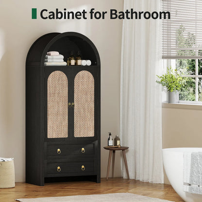 71" Tall Arched Kitchen Pantry Storage Cabinet, Food Pantry Cabinet Bookshelf with 2 Drawers, Wood Storage Cabinets with Door for Dining Room, Living Room