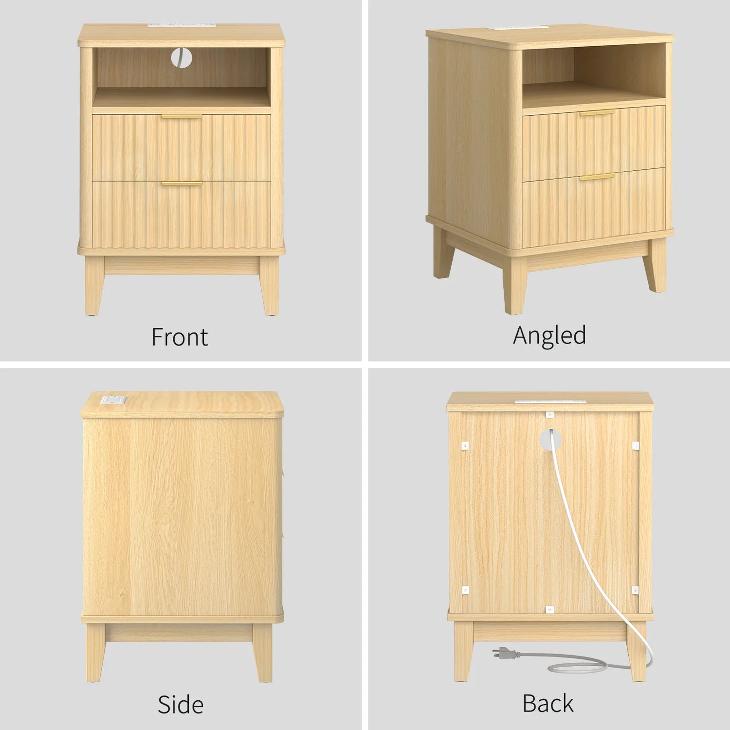 Night Stand with Charger Station, Fluted Nightstand with 2 Drawers and Storage Shelf, Mid Century Modern End Table for Bedroom Living Room