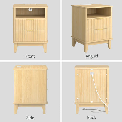 Night Stand with Charger Station, Fluted Nightstand with 2 Drawers and Storage Shelf, Mid Century Modern End Table for Bedroom Living Room