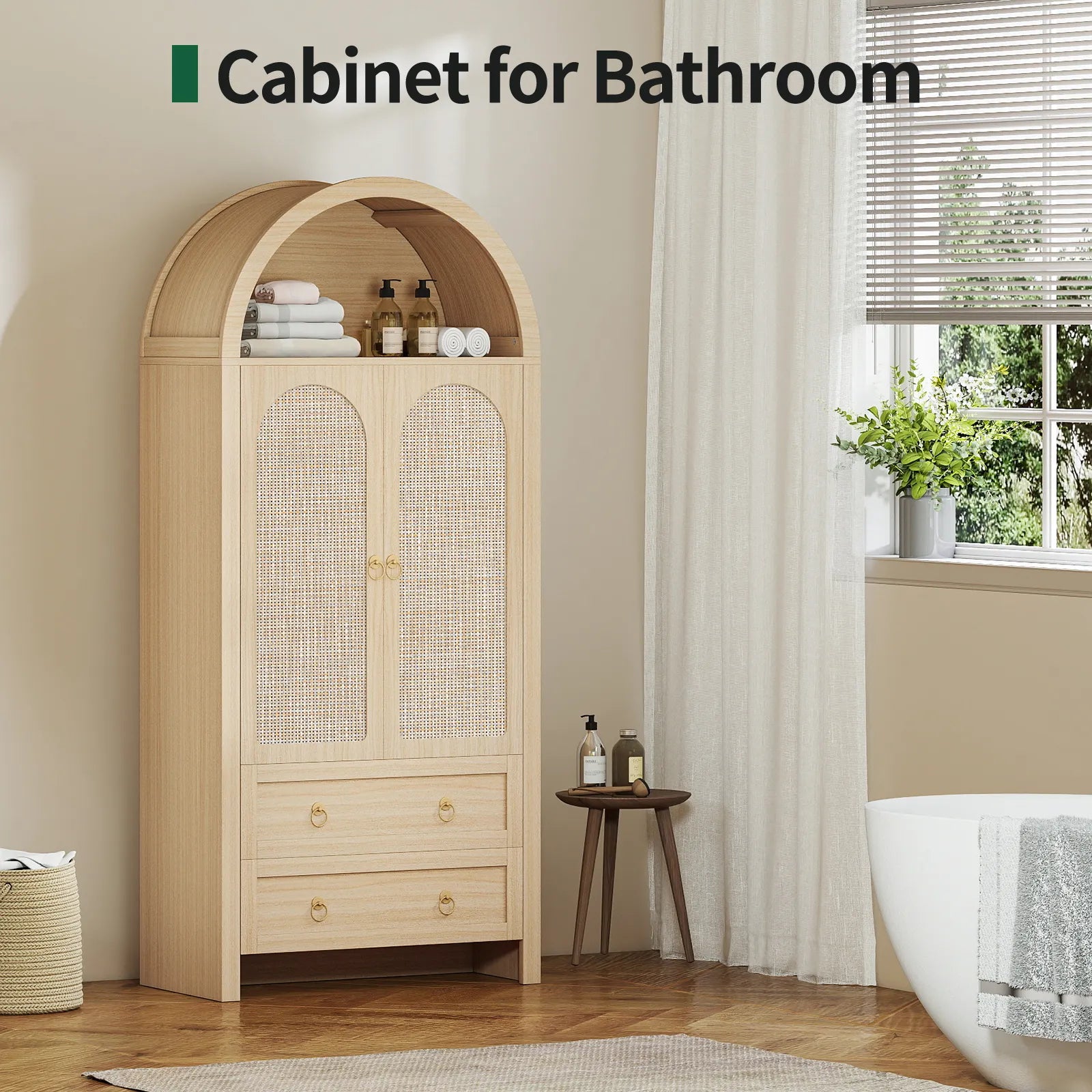 71" Tall Arched Kitchen Pantry Storage Cabinet, Food Pantry Cabinet Bookshelf with 2 Drawers, Wood Storage Cabinets with Door for Dining Room, Living Room