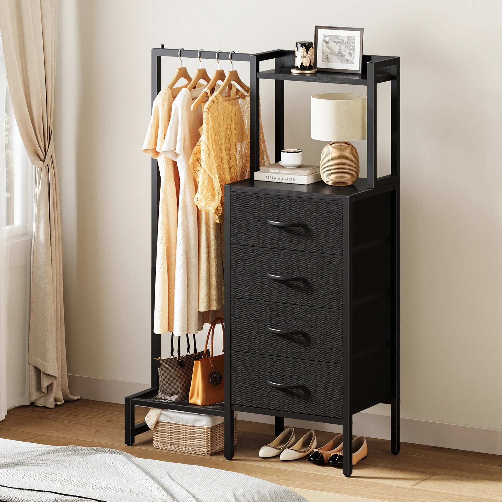 Yoob Small Dresser with Hanging Rack - Small Closet with 4 Fabric Storage Drawers, Chest of Drawer for Bedroom Entryway Dorm