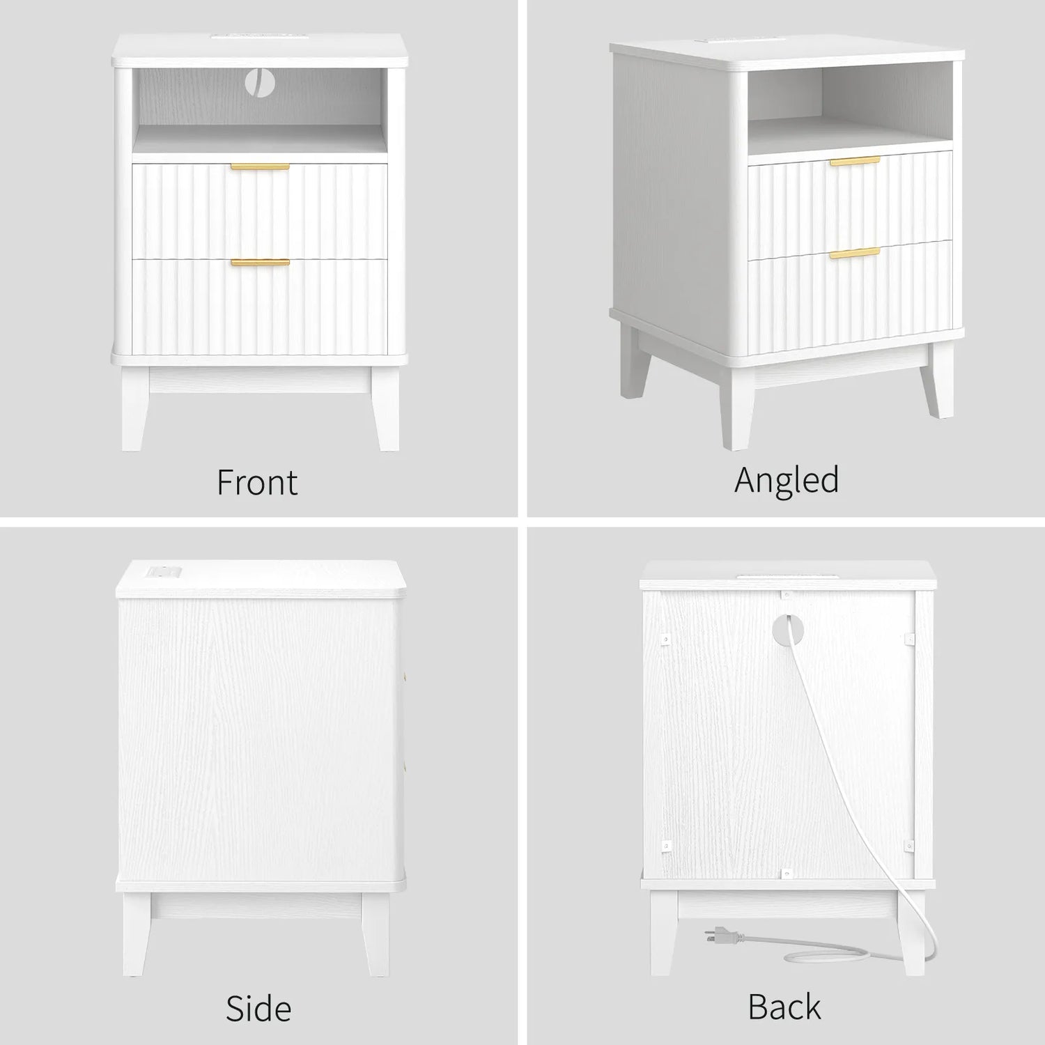 Night Stand with Charger Station, Fluted Nightstand with 2 Drawers and Storage Shelf, Mid Century Modern End Table for Bedroom Living Room