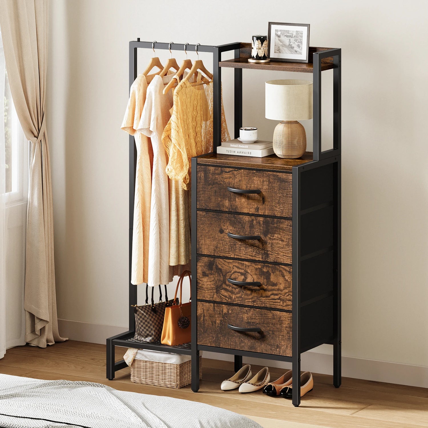 Yoob Small Dresser with Hanging Rack - Small Closet with 4 Fabric Storage Drawers, Chest of Drawer for Bedroom Entryway Dorm