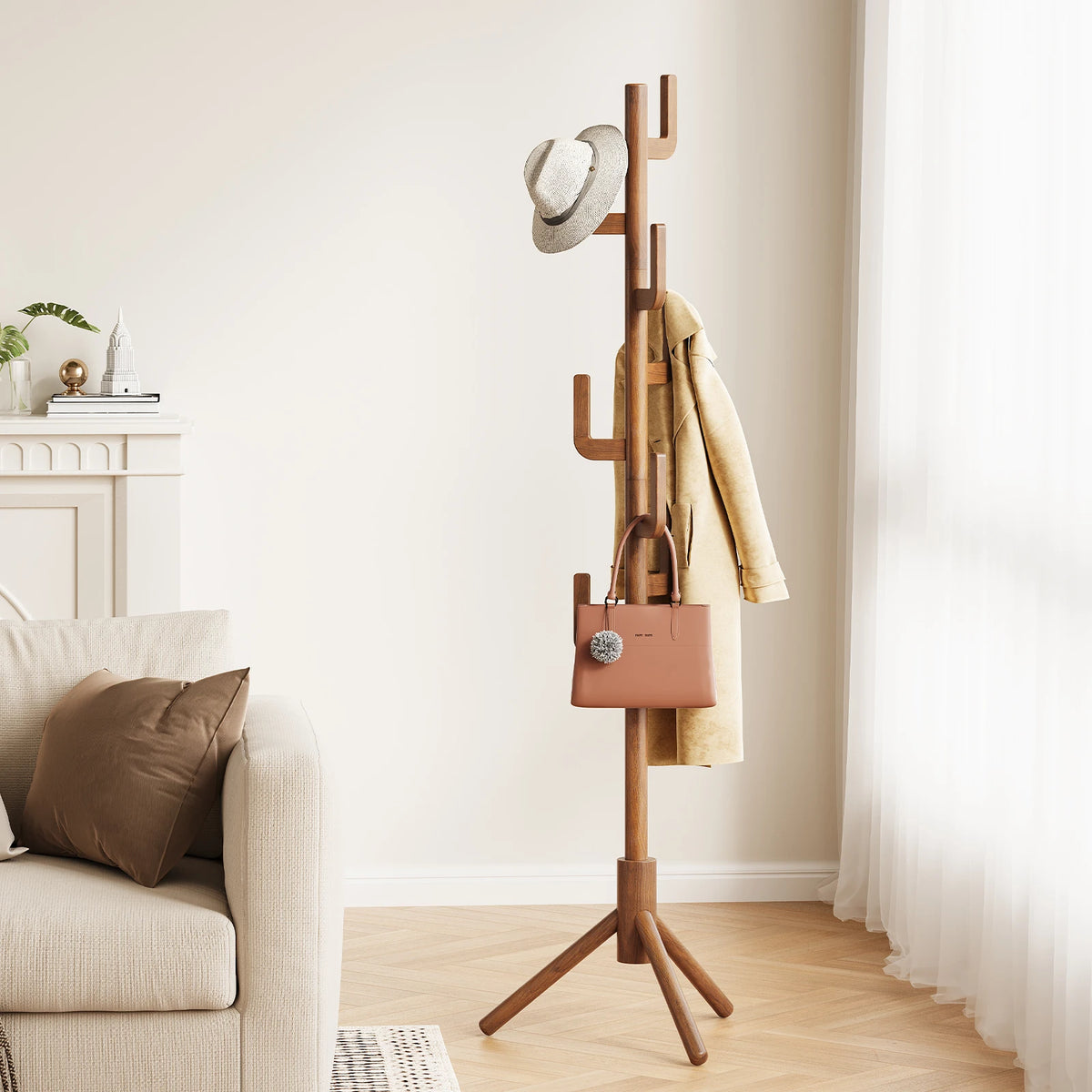 Maliowa Solid Wood Coat Rack Freestanding, Cactus Coat Tree with 8 Hooks for Jacket, Hat, Clothes, Coat Hanger Stand for Hall, Entryway, Bedroom