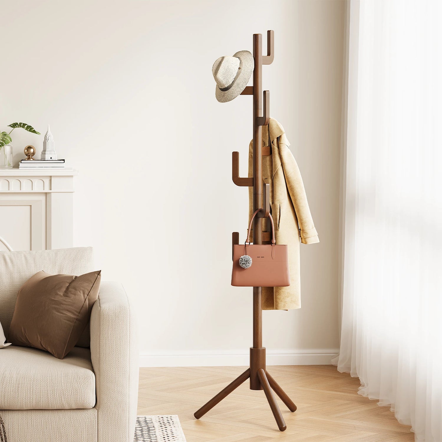 Maliowa Solid Wood Coat Rack Freestanding, Cactus Coat Tree with 8 Hooks for Jacket, Hat, Clothes, Coat Hanger Stand for Hall, Entryway, Bedroom