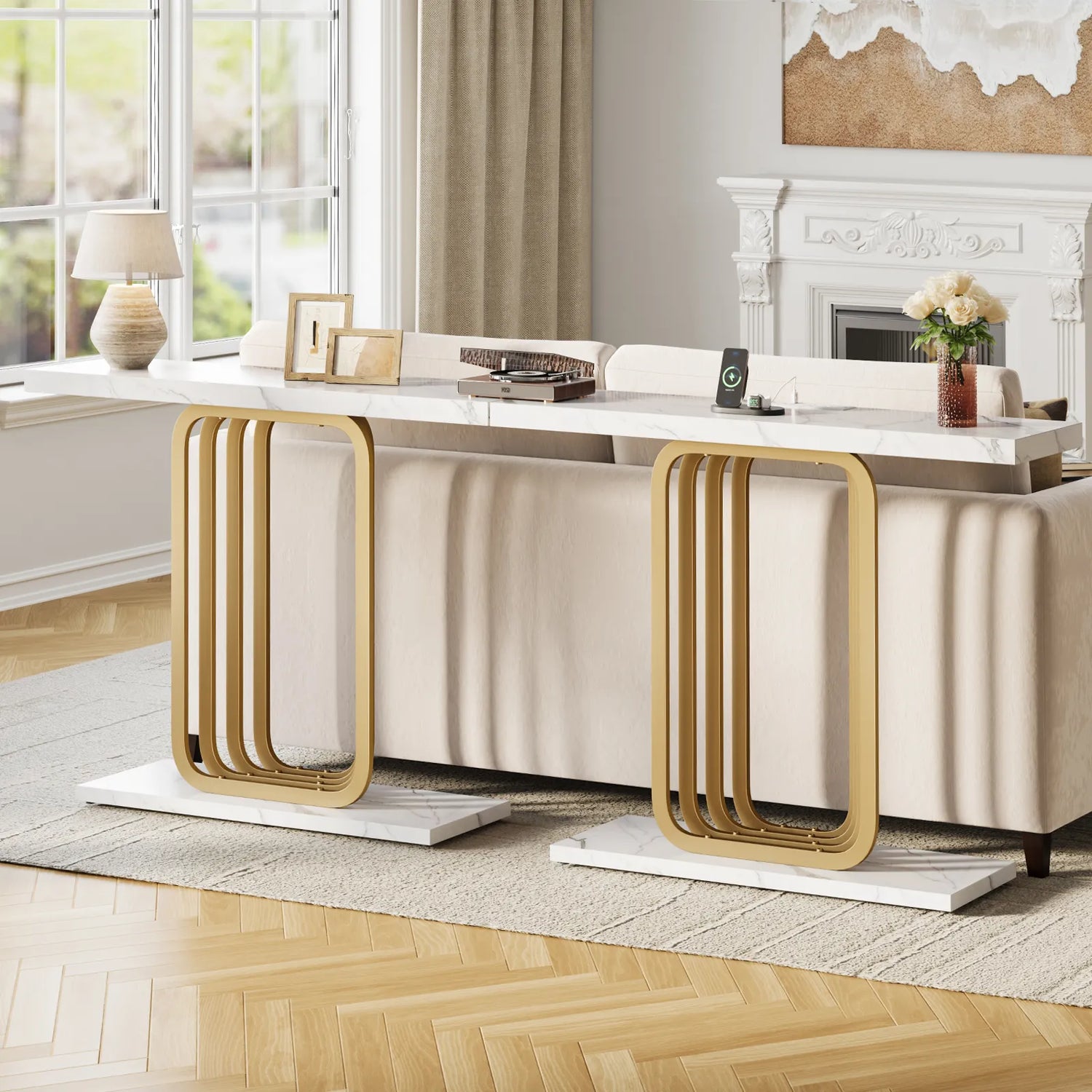 Narrow Console Table with Outlet, Industrial Entryway Table with Unique Base, Small Sofa Table, behind couch table for Entry Way Living Room,White