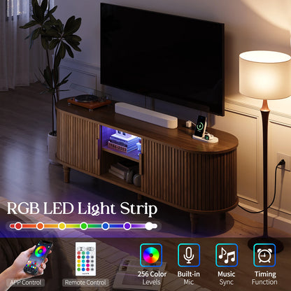 CURLA 55" TV Stand with Power Outlet, Entertainment Center with Sliding Tambour Door, Modern TV Stands for Living Room Bedroom, LED Media Console