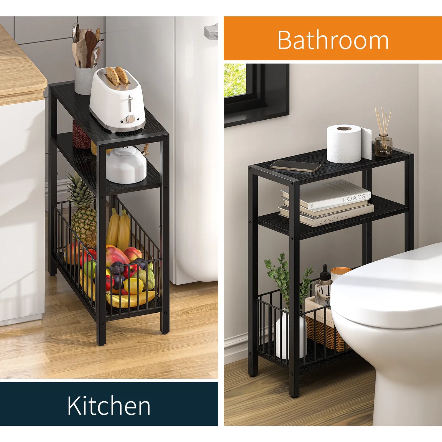 Yoob Narrow Side Table with Storage Basket, Small End Table for Small Spaces, Skinny End Tables Living Room Bedroom Office, 3 Tier Slim Nightstand