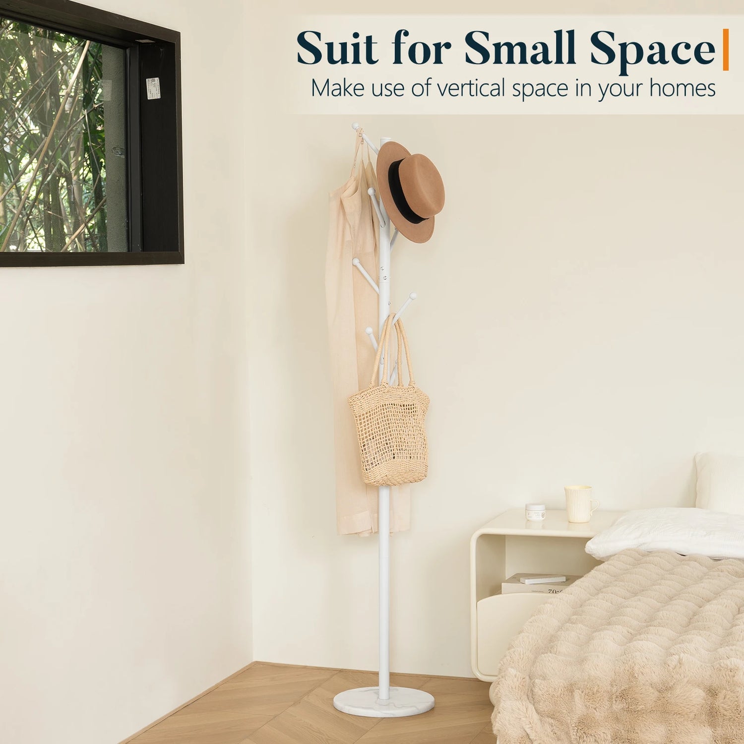 Coat Rack Freestanding with Natural Marble Base, Coat Tree with 8 Hooks, Metal Hall Tree for Jacket, Hat, Bag, Coat Hanger Stand for Entryway