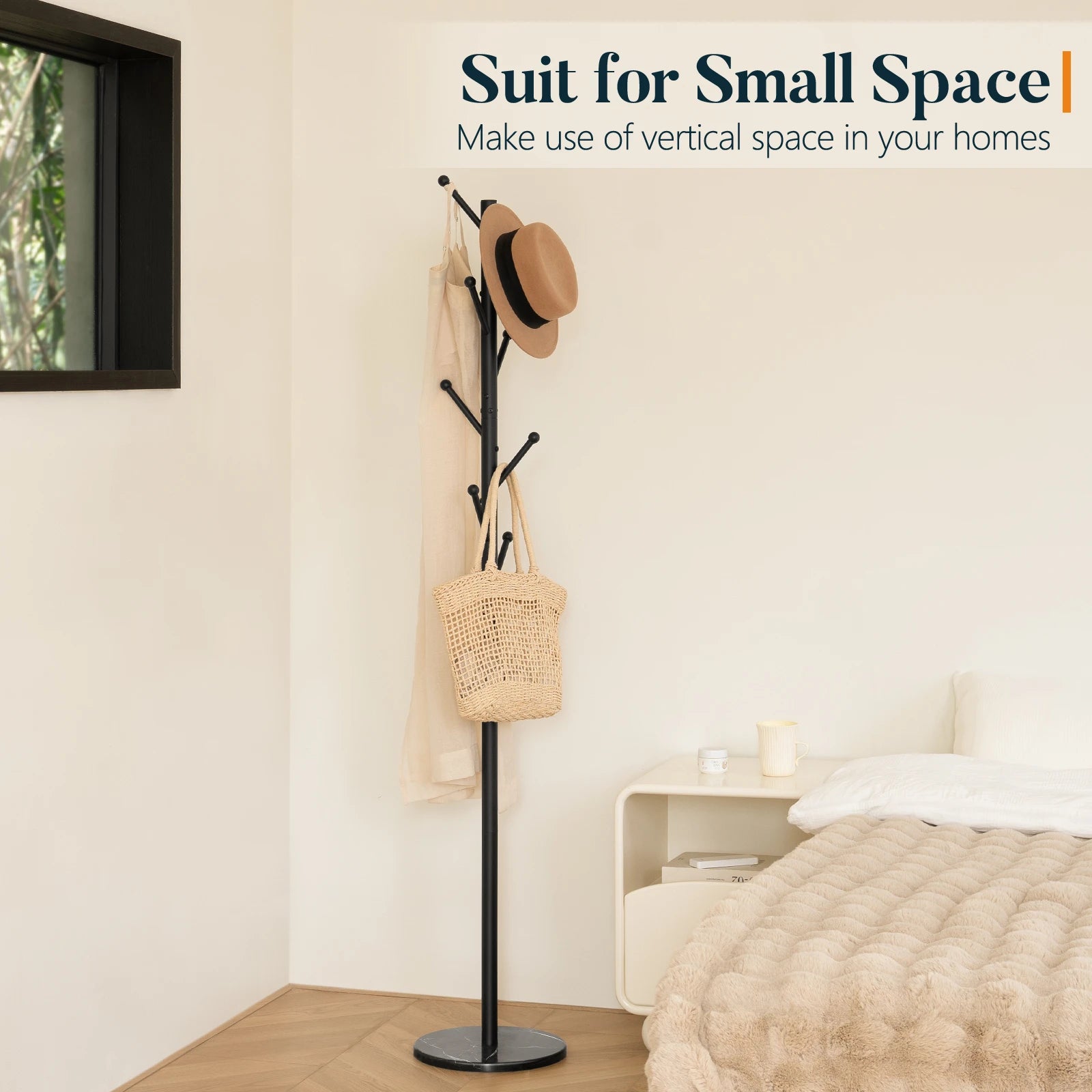 Coat Rack Freestanding with Natural Marble Base, Coat Tree with 8 Hooks, Metal Hall Tree for Jacket, Hat, Bag, Coat Hanger Stand for Entryway