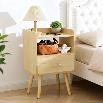Yoob Night Stand with Fabric Drawer, Mid Century Modern Nightstand with Open Shelf, Wood Side Table Nightstands, 2-Tier Night Stands for Bedrooms