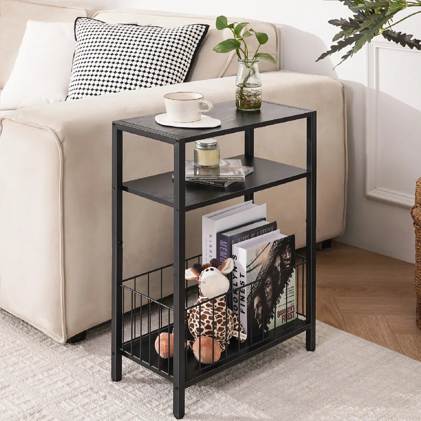 Yoob Narrow Side Table with Storage Basket, Small End Table for Small Spaces, Skinny End Tables Living Room Bedroom Office, 3 Tier Slim Nightstand