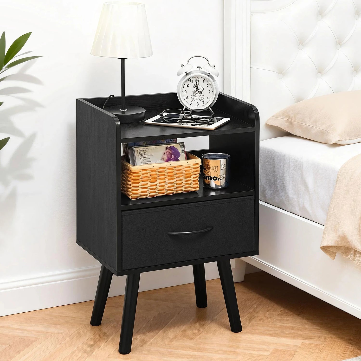 Yoob Night Stand with Fabric Drawer, Mid Century Modern Nightstand with Open Shelf, Wood Side Table Nightstands, 2-Tier Night Stands for Bedrooms
