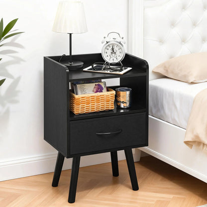 Yoob Night Stand with Fabric Drawer, Mid Century Modern Nightstand with Open Shelf, Wood Side Table Nightstands, 2-Tier Night Stands for Bedrooms