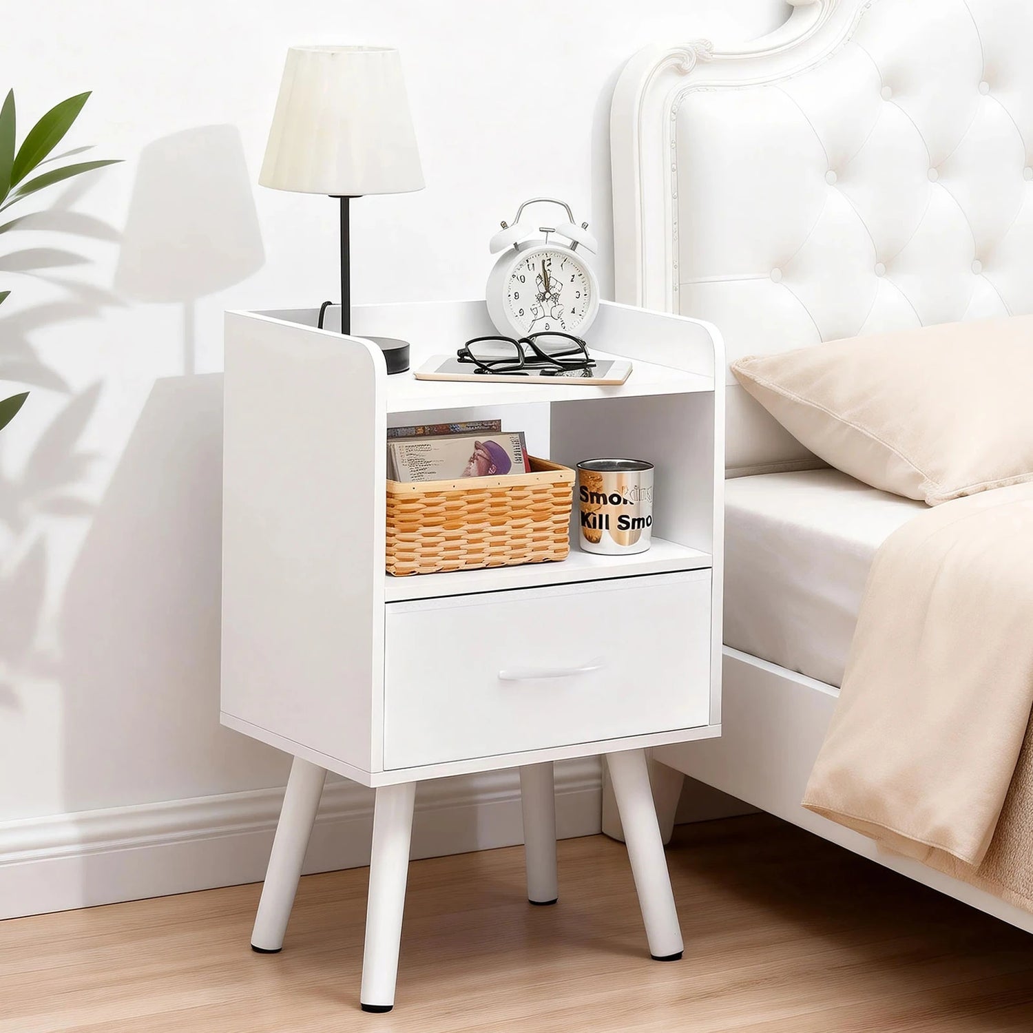 Yoob Night Stand with Fabric Drawer, Mid Century Modern Nightstand with Open Shelf, Wood Side Table Nightstands, 2-Tier Night Stands for Bedrooms